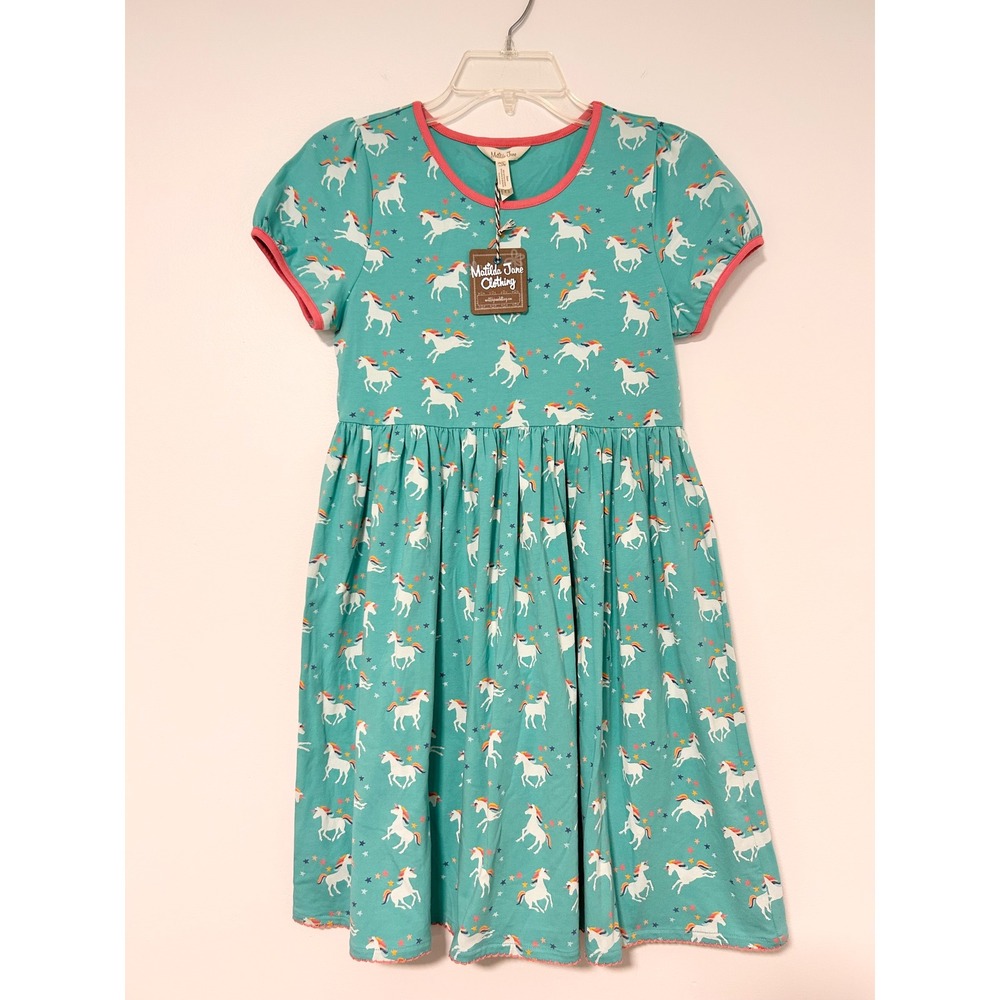 Matilda Jane Girls Teal Unicorn Star Print Short Sleeve Dress Size‎ 14 NWT